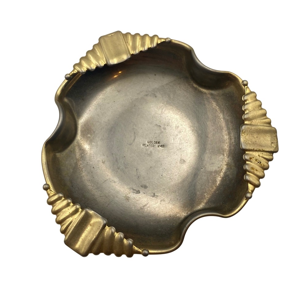 Vintage Golden Plated Art Deco 3-Rest Scalloped Ashtray Gold Silver‎ Tone 4"